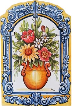 a decorative tile with flowers painted on it