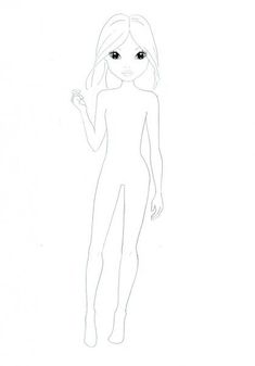 a drawing of a girl with long hair and big eyes, standing in front of a white background