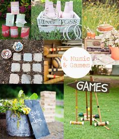 various pictures of games and flowers in the grass, including an old fashioned game board