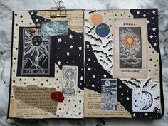 an altered book with pictures and other items on the pages that are open to reveal artwork