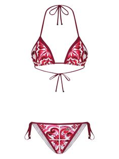 off-white/dark red/fuchsia pink Majolica print Bikini top: triangle cup halterneck tie fastening rear tie fastening Bikini bottoms: low-rise side tie fastening Be mindful to try on swimwear over your own garments. Majolica Print, Dolce E Gabbana, Beachwear For Women, Dolce & Gabbana, Metallic Logo, Accessories Unique, Clutch Handbag, Flip Flop, Spring Outfits