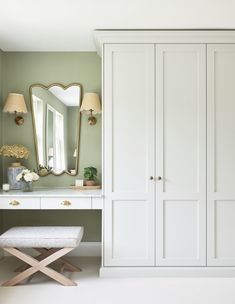 a white dressing table with mirror and stool in front of green wallpapered room