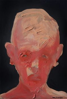 an oil painting of a man's face with red paint on the upper half