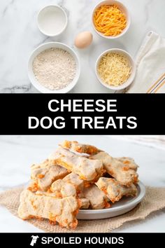 cheese dog treats on a plate with bowls and spoons next to it, including shredded cheese