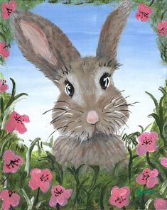 a painting of a rabbit with flowers in the background