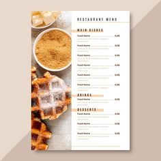 a restaurant menu with waffles and other food items