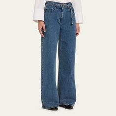 3.1 Phillip Lim wide-leg jeans featuring a belted waist in medium-wash denim  Mid-rise Five-pocket style Relaxed fit Full length Button/zip fly; belt loops Cotton Dry clean Imported Medium Wash Straight Leg Jeans With Belt, Straight Leg Denim Blue Belted Jeans, Denim Blue Belted Straight Leg Jeans, Belted Straight Leg Denim Blue Jeans, High Rise Belted Denim Blue Jeans, Medium Wash Belted Straight Leg Bottoms, Belted Wide-leg Denim Jeans, Belted Wide Leg Denim Jeans, High Waist Belted Jeans In Denim Blue