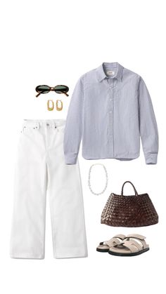 a woman's outfit with white pants and sandals