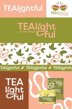 the tealight logo and packaging design is shown in three different colors, including pink, green