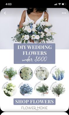 a woman holding flowers with the words diy wedding flowers under $ 500 on it