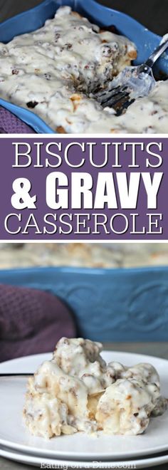 biscuits and gravy casserole on a white plate with a purple border