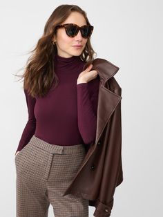 A foundational piece for every wardrobe, our tissue-thin Nadia Turtleneck is incredibly easy to layer or simply wear on its own. | J.McLaughlin Women's Nadia Turtleneck Top Burgundy, Size XS | Spandex Burgundy Turtleneck Outfits, Burgundy Top Outfit, Burgundy Outfit Ideas, Maroon Turtleneck, Burgundy Turtleneck, Outfit Ideas For Winter, Turtleneck Outfits, Maroon Outfit, Burgundy Outfit