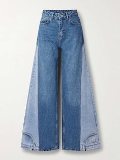 BETTTER + NET SUSTAIN two-tone high-rise wide-leg jeans | NET-A-PORTER What To Make With Denim Fabric, Upcycled Wide Leg Jeans, Unique Black Jeans, Jean Pants Design, Two Jeans In One, Interesting Pants Design, Two Tone Denim Jeans, Upcycle Denim Jeans Diy Projects, Denim Upcycling Ideas