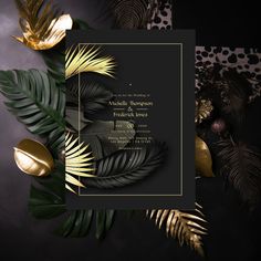 a black and gold wedding card with tropical leaves on the inside, in front of a leopard print background