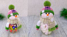 two pictures of a snowman holding a candy jar