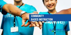 two people in blue shirts holding hands with the words community based instruction written on them