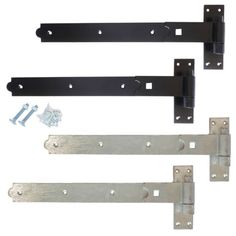 three metal latches and two screws are shown in this image, one is black