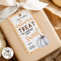 an autumn treat for someone special is wrapped in brown paper and tied with a white ribbon