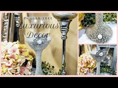 a collage of pictures with flowers and vases in the background, including an ornate candle holder