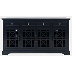 the sideboard is black and has two doors on one side, and three drawers on the