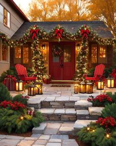 an outdoor christmas scene with lights and wreaths on the front door, fire hydrant and chairs