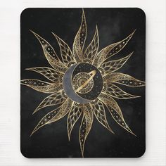 a black and gold mouse pad with an artistic design on the front, featuring a sunflower