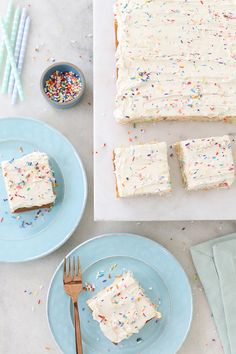 three pieces of cake on plates with forks and napkins next to them, including one slice missing