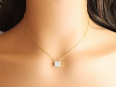 This dainty square necklace is a great finishing piece to any outfit whether it is casual or dressy. This gold plated square necklace also makes wonderful gift for your loved ones. This CZ Diamond necklace is a statement piece! It was carefully plated with 18K gold and it will last longer than any other gold plated jewelry. ❤ All products are made with high-quality material to give them the best durability and stylish appeal. ❤ MATERIAL:  18K Gold Plated over brass Cubic Zirconia - best quality Elegant Square Pendant Solitaire Necklace As Gift, Dainty Square Pendant Necklace For Formal Occasions, Minimalist Square Pendant Necklace For Wedding, Wedding Solitaire Necklace With Square Pendant, Elegant Square Necklaces For Anniversary, Elegant Square Necklaces With Adjustable Chain, Elegant Gold Jewelry With Square Cut, Elegant Square Cut Gold Jewelry, Elegant Square Wedding Necklaces