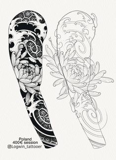 two different types of tattoo designs, one with flowers and the other with leaves on it