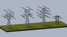 an array of power lines and poles on a flat surface