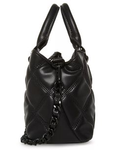 Structured and roomy, the Steve Madden mickey handbag is designed for the woman that needs to carry it all in a stylish way. Brand: Steve Madden Material and trim- polyurethane, lining- nylon Small sized bag- 8 1/2" W x 6 1/4" H x 4"D Handle drop length- 4", removable, adjustable strap length- 28" Snap closure Interior zipper pocket Casual Black Quilted Bag, Black Quilted Leather Bag, Quilted Black Bag For On-the-go, Black Quilted Bag For On-the-go, Black Faux Leather Satchel With Adjustable Handle, Black Quilted Bag For Daily Use, Black Quilted Top Handle Bag, Black Quilted Top Handle Shoulder Bag, Trendy Quilted Bags For On-the-go