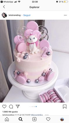 a cake with pink frosting and lots of decorations on the top is surrounded by macaroons