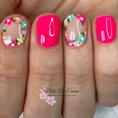 Neon Floral Nails, Short Neon Nails, Short Nail Manicure, Fantasy Nails, Polish Ideas, Summery Nails, Cute Gel Nails, Dipped Nails, Floral Nails