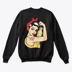 a black sweatshirt with an image of a woman holding a bird on it's shoulder