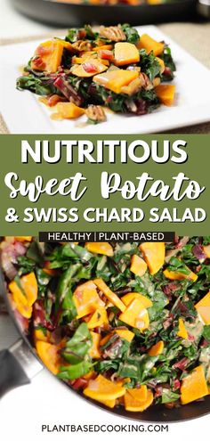 a plate full of salad with spinach and sweet potato