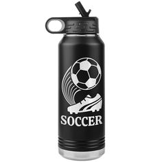 a black water bottle with a soccer ball on the top and words that read soccer