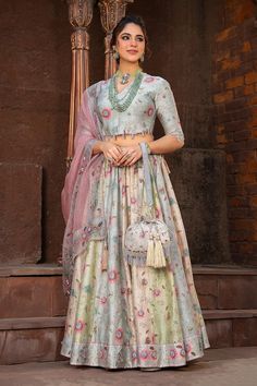 Ivory, blue and green paneled tricolor lehenga with an attached cancan, all-over floral prints, highlighted with pearls, glass beads and sequin embroidery. Comes with matching blue blouse and contrasting pink dupatta with blue borders. - Aza Fashions Cape Lehenga, Kurta Lehenga, Lehenga Pattern, Pink Dupatta, Lehenga Skirt, Sequin Embroidery, Organza Dupatta, Sequins Embroidery, Bridal Lehenga