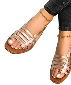 Gold Splicing Peep Toe Hollow Out Best Beach Sandals For WalkingMade of:-Faux Leather Upper.-Rubber sole- cushioned insole.1.57"/1cm Heel Champagne Shoes, Roman Shoes, Sandals Woman, Ladies Footwear, Walking Sandals, Gold Shoes, Beige Shoes, Boots Women Fashion, Leather Shoes Woman