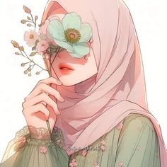 a woman wearing a hijab holding a flower in her hand and looking at the camera