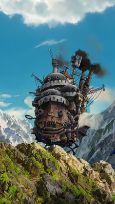 an artistic painting of a steampunk ship floating on top of a mountain