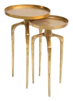 two tables with gold colored metal legs and one has an oval tray on the top