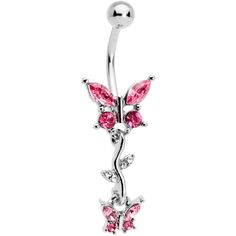 Clear Pink Gem Vine Butterfly Dangle Belly Ring Keep your look open to new styles like the butterflies on this 14 gauge navel ring! It's made with a 3/8" durable 316L surgical grade stainless steel curved barbell with a 5mm top ball end. The bottom end features a butterfly charm, with the wings composed of round and oval pink gems. Dangling beneath the butterfly is a vine with a pair of clear gem leaves. The bottom portion of the vine supports a butterfly that matches the top one for a cohesive Belly Button Piercing Jewelry, Belly Piercing Jewelry, Button Piercing, Jewelry Promotion, Ring Piercing, Belly Button Jewelry, Navel Jewelry, Dangle Belly Rings, Pink Gem