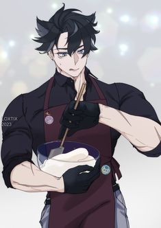 an anime character holding a bowl with food in it and chopsticks in his hand