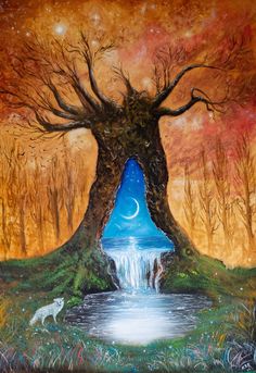 a painting of a waterfall and trees with a moon in the sky