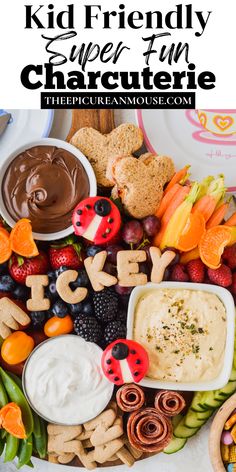 a kid friendly super fun character plate with fruit, veggies and dip