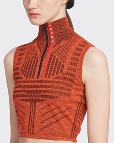 Tec Rec Nylon: post-consumer recycled polyester yarn Piqué motif Cropped slim-fit silhouette Ribbed knit turtleneck Sleeveless Embroidered logo Front zipper closure Futuristic Fashion, Knit Outfit, Knit Fashion, Knitting Designs, Black Tank Tops