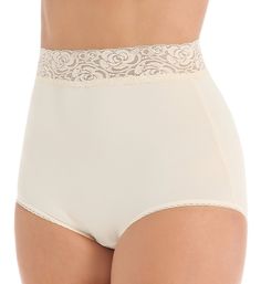 A pretty, floral lace waistband adds a feminine touch to this soft, microfiber panty. Made of 90% nylon, 10% spandex. Stretch lace waistband. Sewn-on elastic along leg openings for a custom fit. 4-way stretch for comfort. Full rear coverage. High rise. Sewn-in cotton crotch. Teri Women's Grace Lace Trim Microfiber Brief Panty in Beige (313) | Size 15 | HerRoom.com Beige Lace Brief Bottoms, Feminine Lace Trim Brief Bottoms, Elegant Supportive Solid Color Bottoms, Elegant Supportive Solid Bottoms, Elegant Shapewear With Lace Trim, Elegant Lace Shapewear With Lace Trim, Elegant Lace Trim Shapewear, Feminine Stretch Bottoms With High-cut Leg, Elegant Stretch Lace Bottoms