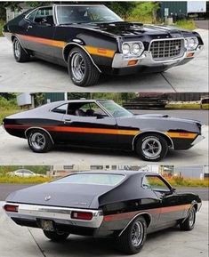 two pictures of the same muscle car in different stages of being painted black and orange