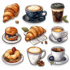 coffee, croissants, and pastries are depicted in this drawing set