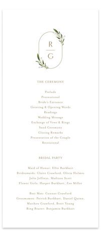 the wedding program card is shown with an olive branch and monogrammed initials on it